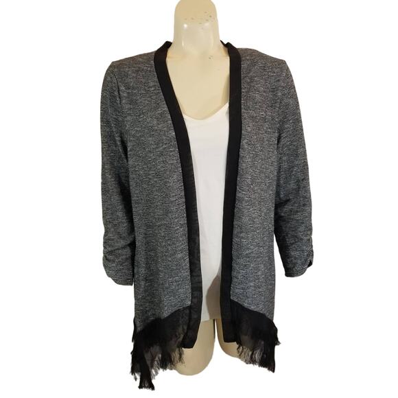 Ab Studio Gray Black Cardigan Sweater Open Front Fringe Black Gray Sz Large - Picture 1 of 9